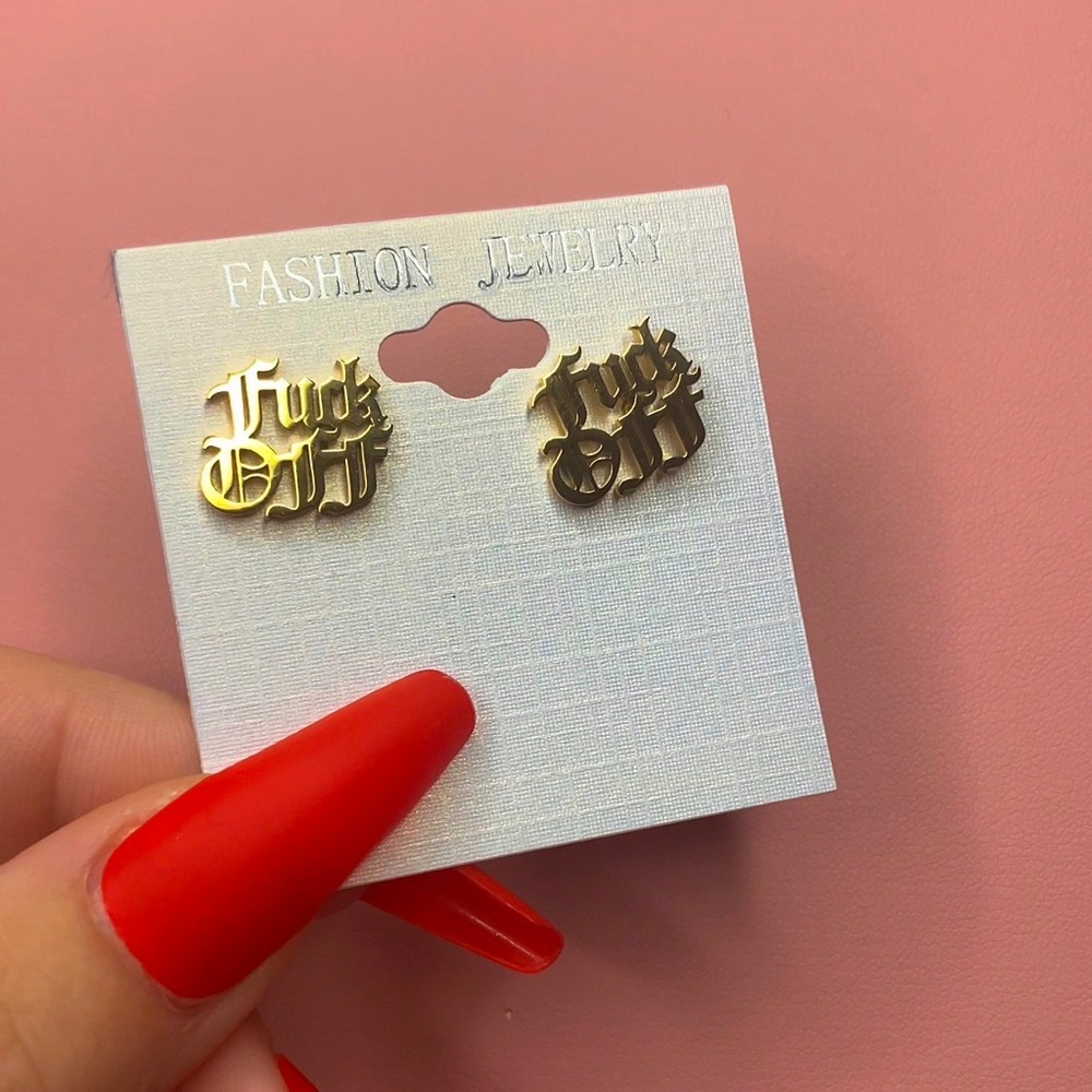 F Off Gold Gothic Font Stud Earrings